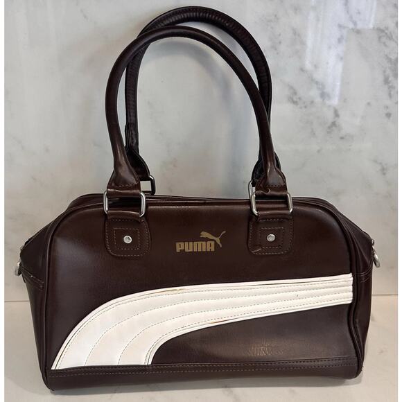 80s 90s Retro Puma Vinyl Brown Messenger Bag Purse Small Duffel - Picture 2 of 16